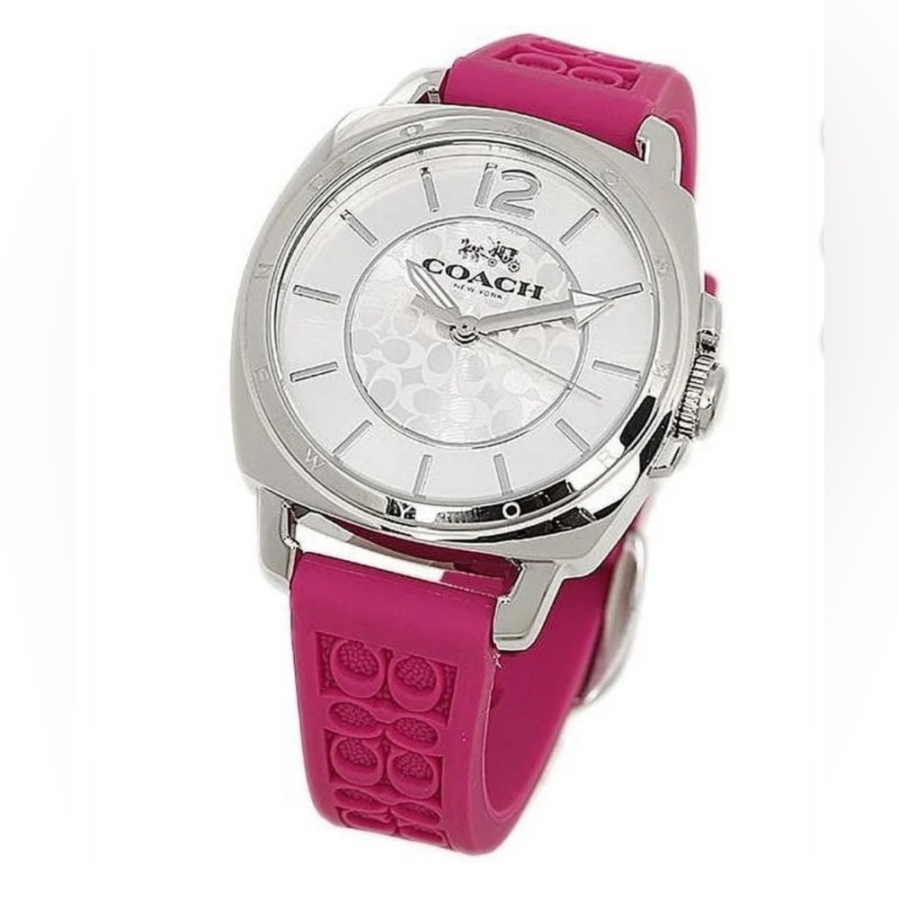 Coach Women’s Boyfriend Silver Watch with Vibrant Pink Silicone Strap 34…